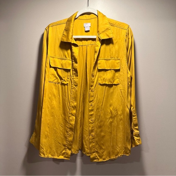 3x25* Chicos Mustard Yellow Gold Modal Long Sleeve Button Up Collard Blouse - Picture 1 of 10